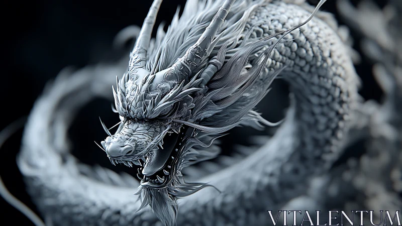 3D silver dragon coil with razor detail and fierce snarl.