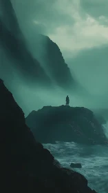 Solitary watcher amid emerald storm-tossed sea cliffs.