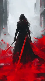 Red-bladed warrior advancing through cinematic blood mist.