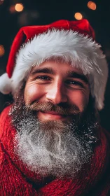 Smiling bearded man in Santa hat with frosted beard.