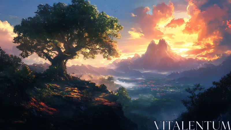 Large solitary tree overlooks distant illuminated mountain valley