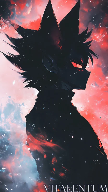 Silhouetted spiky‑haired figure in red and blue abstract field.