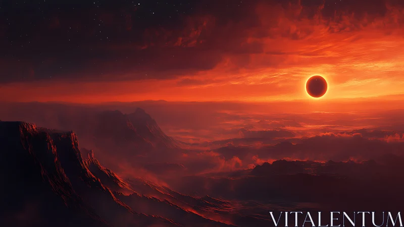 Volcanic alien canyon under eclipsed sun with dense atmospheric scatter