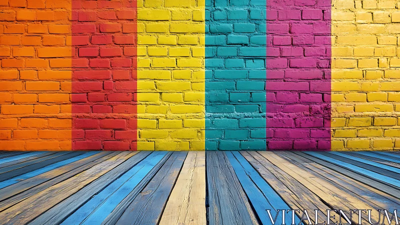 Colorful striped brick wall meets painted wood floor.