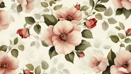 Botanical Floral Pattern with Pink Peonies and Foliage