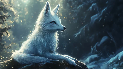 Gentle white fox resting in a softly glowing winter forest.