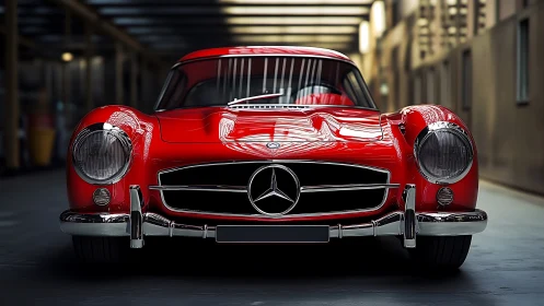 Crimson classic coupe prowls a moody industrial corridor.