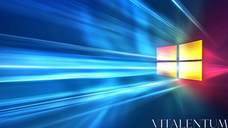 Bright window logo glows in dynamic blue light trails