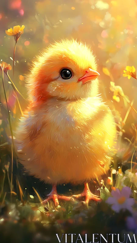 Golden Chick Portrait in Wildflower Field with Warm Bokeh Lighting.