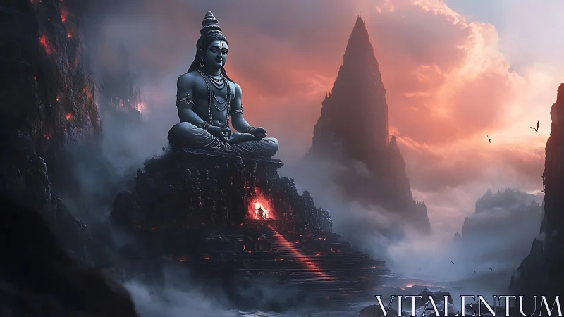 Monumental seated deity overlooks misted volcanic valley
