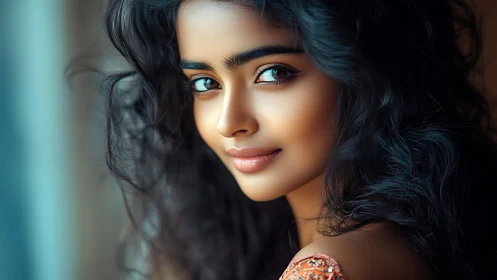 Young woman portrait with soft lighting and curly hair.