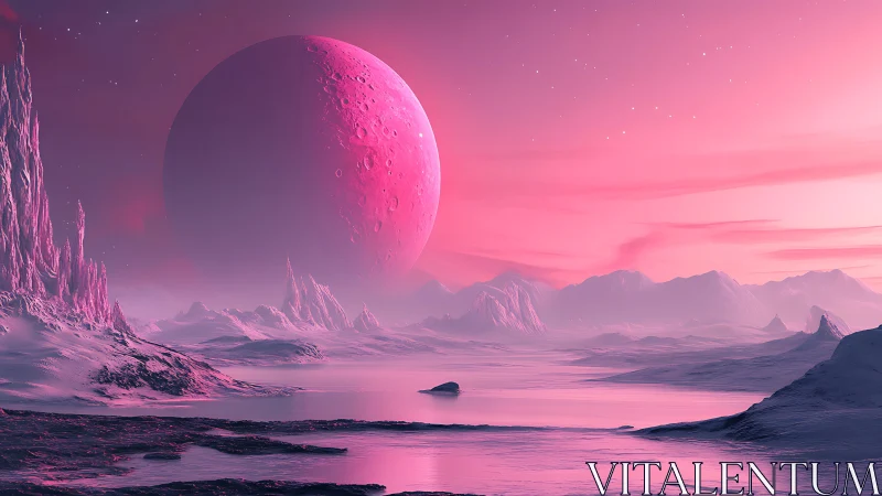 Pink alien moon over frozen extraterrestrial landscape.