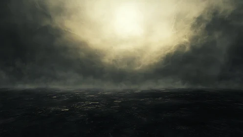 Moody seascape under dense storm clouds at dusk.