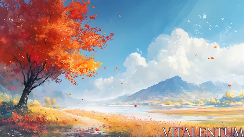 Crimson autumn tree overlooks tranquil lake and distant peaks