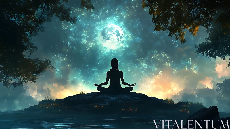 Moonlit forest meditation under a starlit cosmic canopy.