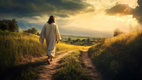 Robe-clad figure walks sunlit country path toward valley