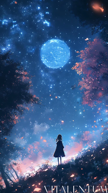Girl under luminous moonlit sky amid glowing blossoms.