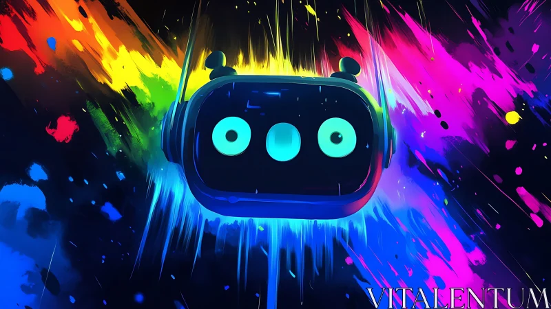 Cartoon robot head floats over neon splatter background