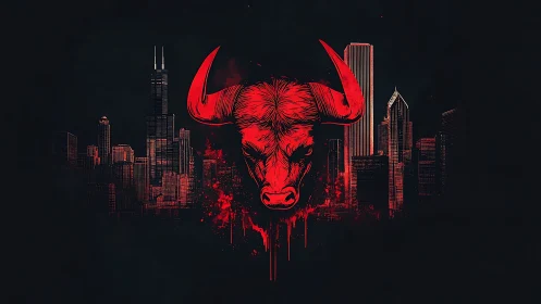 Red bull head over dark city skyline in bold contrast.