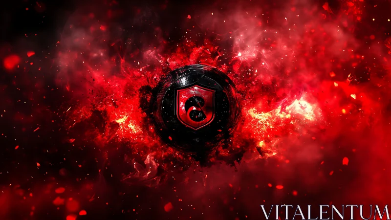 Radial inferno shield emblem with central black core detonation.