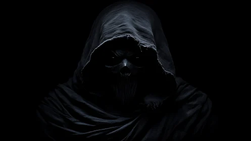 Hooded skeletal figure in deep shadow against black background.