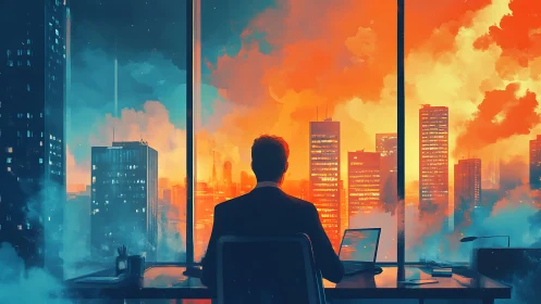 Silhouette executive gazes at glowing sunset cityscape