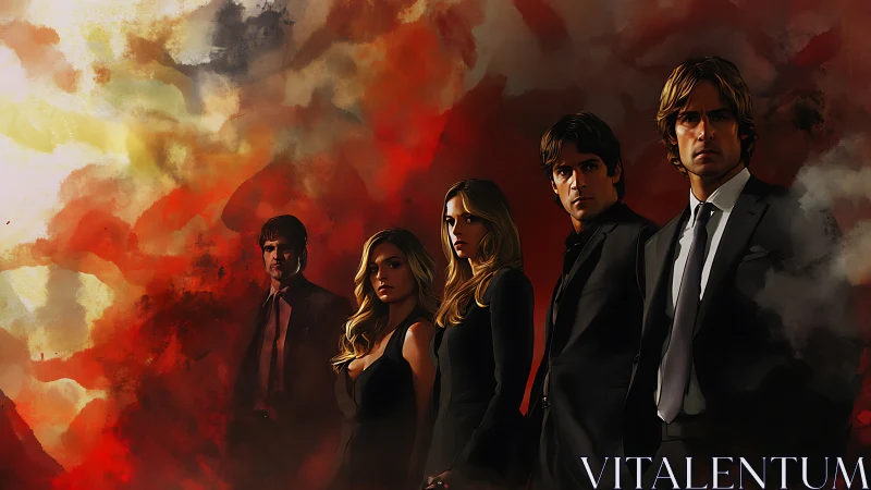 Shadowed team in crimson storm clouds of quiet tension.