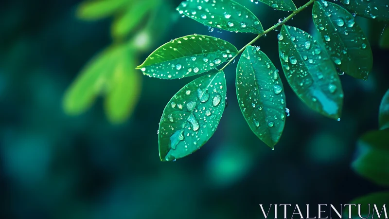 Green compound leaves with water droplets on dark background.