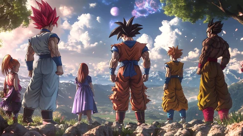 Saiyan warriors observe cosmic sky above alpine valley.