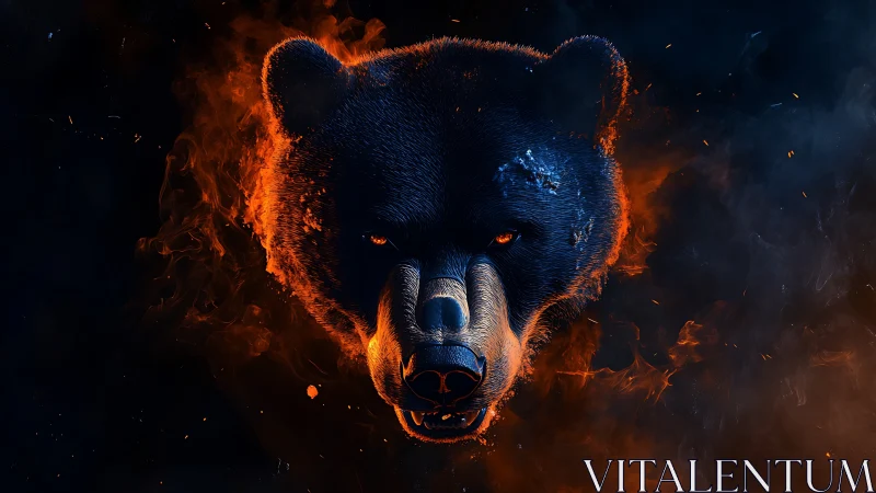 Fierce digital bear head emerges through fire and smoke