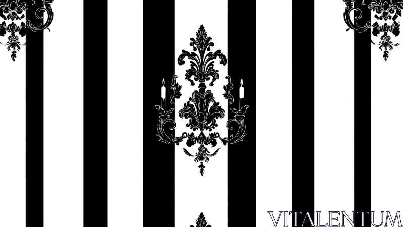 Baroque damask over bold black and white stripe field.