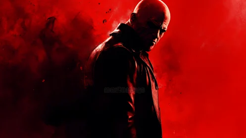 Brooding bald antihero in red smoke cinematic portrait.