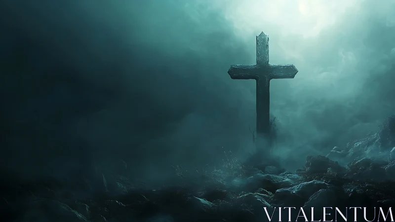 Solitary stone cross rises gently from a misty twilight field