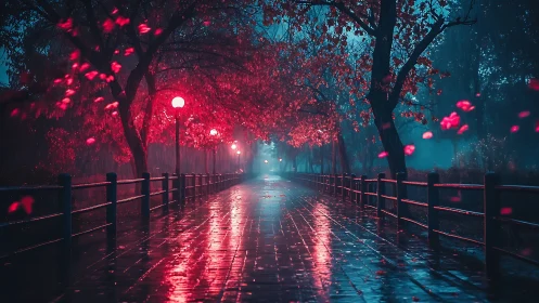 Neon dusk walkway under rainlit cherry trees at night.