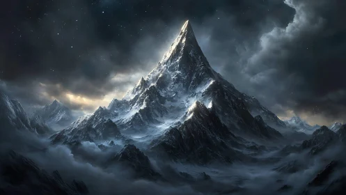 Storm-lit obsidian peak crowned by whispering winter skies.