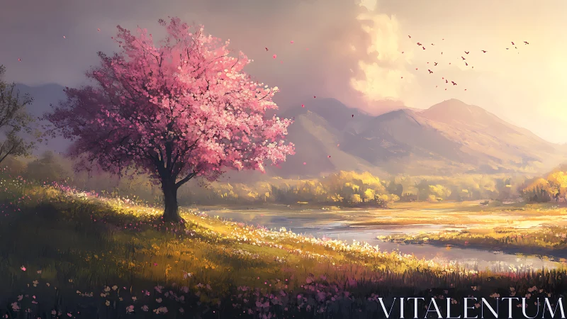 Pink-blossomed tree stands beside reflective river at sunset