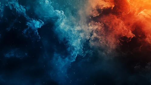Fiery orange and cool blue cosmic clouds drift and glow gently