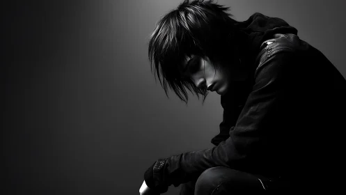 Shadowed loner curls into grayscale silence of thought.