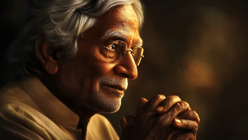 Quietly reflective elderly man rests his hands in warm light