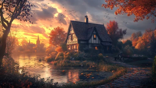 Autumn lakeside cottage at sunset with warm volumetric lighting