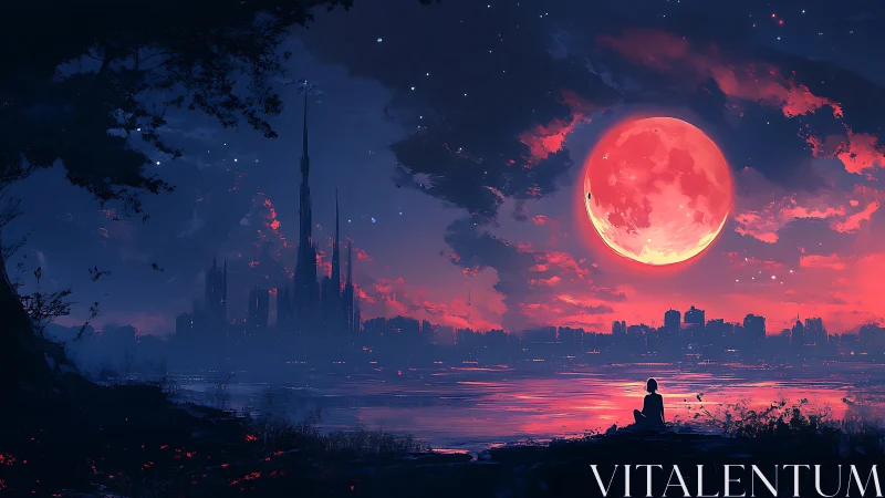 Solitary watcher gazes at neon red moon above twilight city