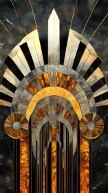 Art Deco geometric sunburst with metallic arches and pillars