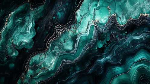 Emerald geode abstract with layered marbling and gold veins.