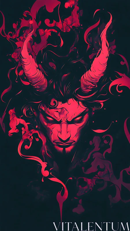 Demonic portrait renders horned figure in neon magenta chiaroscuro