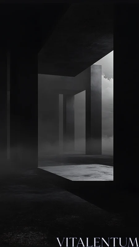 Monolithic corridors dissolve into mist and distant light.