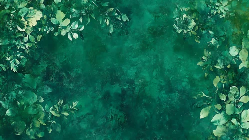 Green textured background with botanical foliage border pattern.