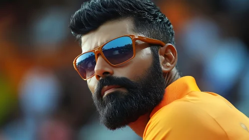 Man with dark beard wearing orange sunglasses outdoors.