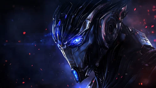 Cyberpunk mech portrait with luminous cobalt optics profile.