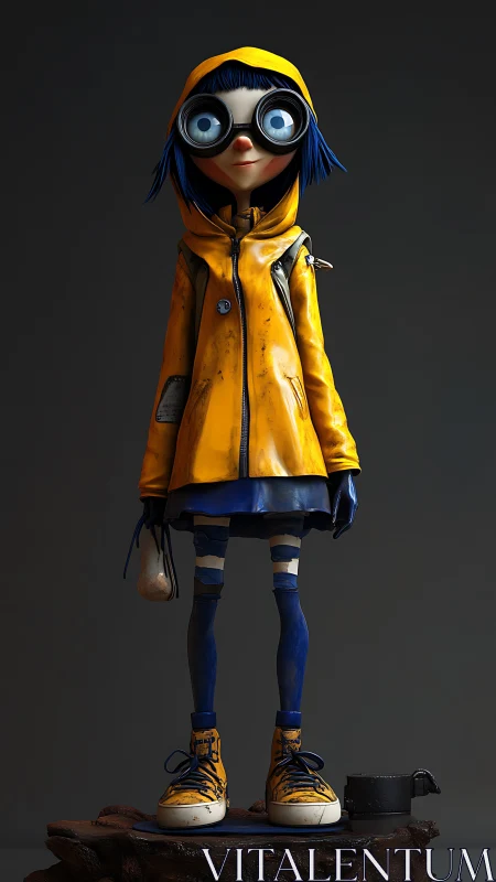 Stylized blue haired girl in yellow raincoat on dark base.