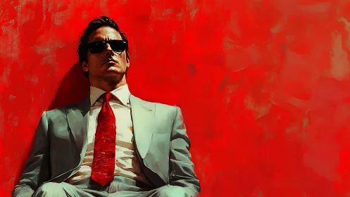 Man in suit against intense red abstract backdrop.